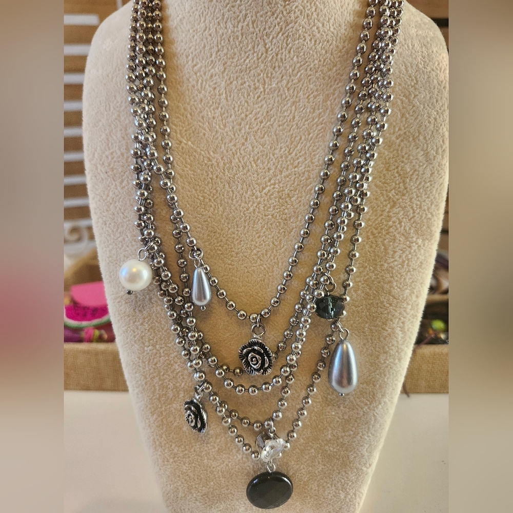 Silver Multi-Layer Necklace with Charms